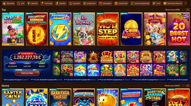 Sezioni principali del casinò AmunRA Italia con oltre 6000 slot jackpot progressivi 830 tavoli live dealer game show e modalità demo su tutti i titoli