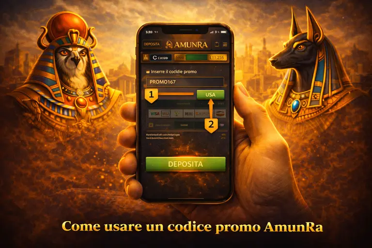 Guida all'inserimento del codice promo AmunRA durante la registrazione e nella sezione cassa per gli utenti esistenti con campo di testo dedicato