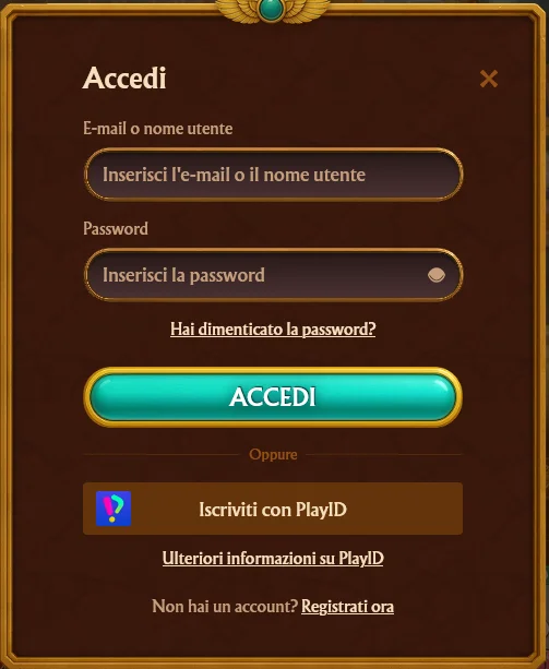 Modulo di login della piattaforma Amun RA con campi email e password posizionato in alto a destra e visibile su tutte le pagine del sito