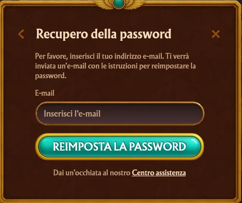 Modulo di recupero password AmunRA con campo email link di ripristino valido 24 ore passaggi per la nuova password con requisiti di complessità