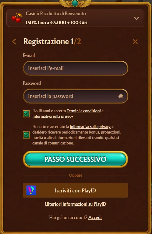 Modulo di registrazione AmunRA Casino Italia con campi email dettagli personali password e conferma termini per la creazione del nuovo account