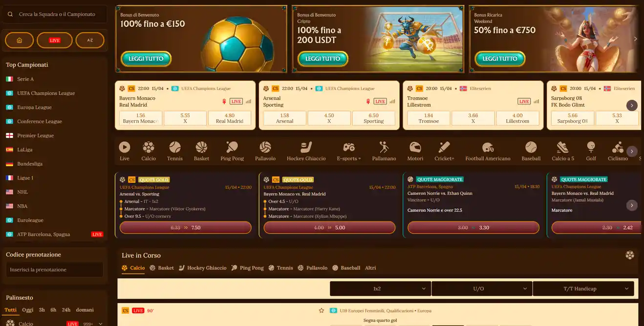 Sezione scommesse sportive del sito Amun RA Italia con mercati prematch quote live aggiornate sport virtuali schedina e funzione cash-out